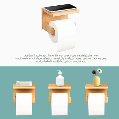 Tiklife Toilettenpapierhalter, Papierhandtuchhalter, Toilettenpapierhalter aus natürlichem Bambus mit Ablage