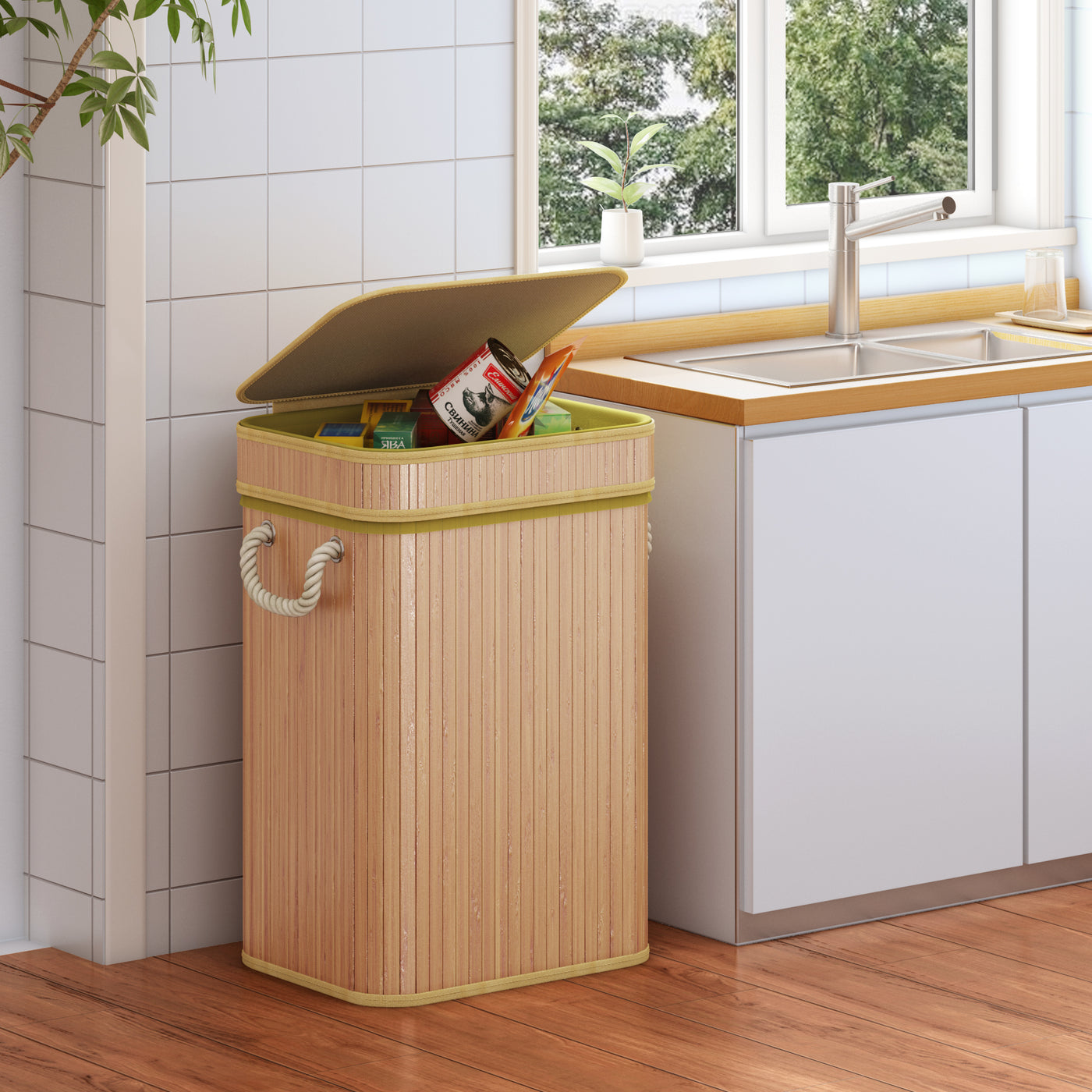 AdelDream Mülleimer Bambus-Müllsackhalter Der praktische Müllsackhalter für gelbe Tüten eignet Sich hervorragend für gelbe Müllbeutel Der stabile Mülleimer Quadratische Holzfarbe 74L