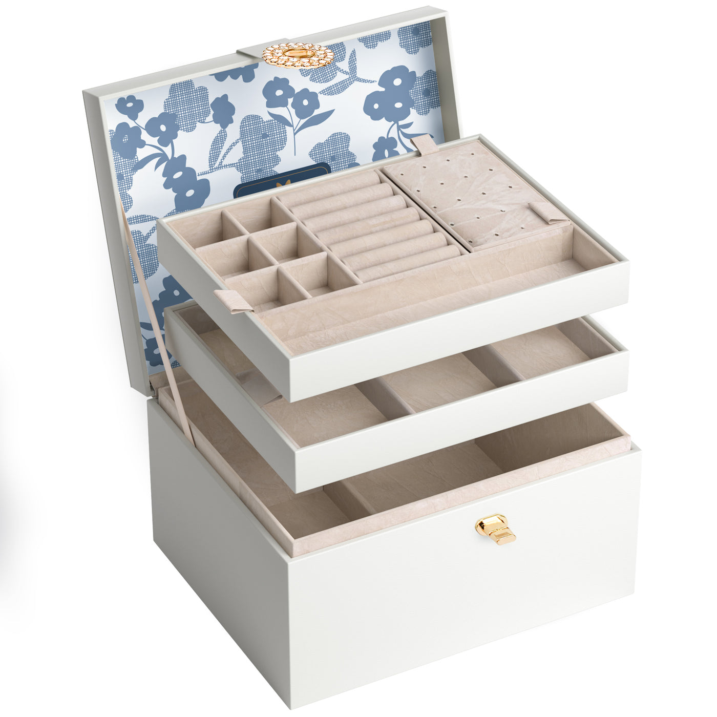 AdelDream Schmuckkästchen, Schmuckkasten mit 3 Ebenen, Schmuckbox mit Knöpfen, Schmuckaufbewahrung, viel Stauraum, modern, Geschenkbox-Verpackung für Ihre Liebsten