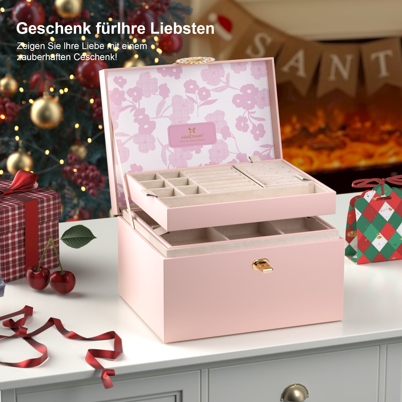 AdelDream Schmuckkästchen, Schmuckkasten mit 3 Ebenen, Schmuckbox mit Knöpfen, Schmuckaufbewahrung, viel Stauraum, modern, Geschenkbox-Verpackung für Ihre Liebsten