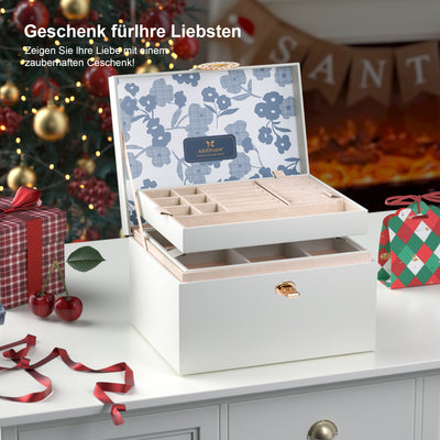 AdelDream Schmuckkästchen, Schmuckkasten mit 3 Ebenen, Schmuckbox mit Knöpfen, Schmuckaufbewahrung, viel Stauraum, modern, Geschenkbox-Verpackung für Ihre Liebsten