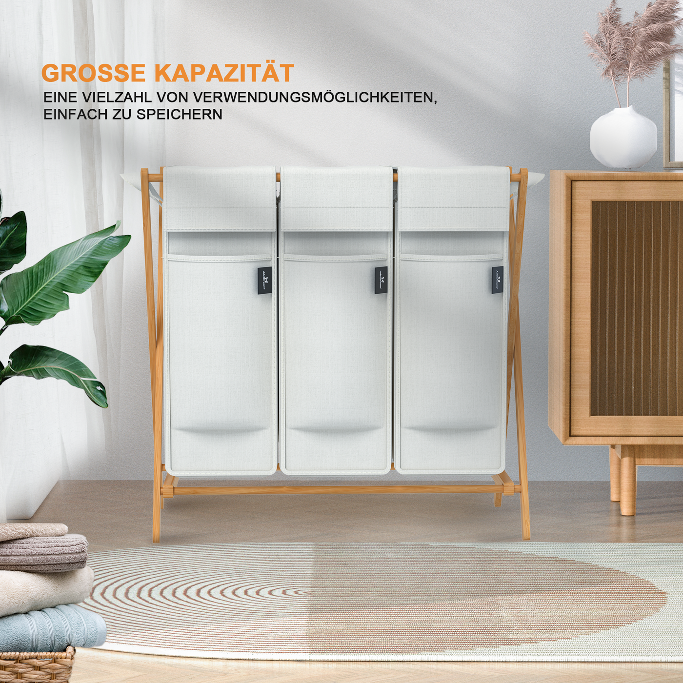 AdelDream Wäschekorb 2 Fächer,100 L Bambus laundry baskets X-förmige Bambusregale