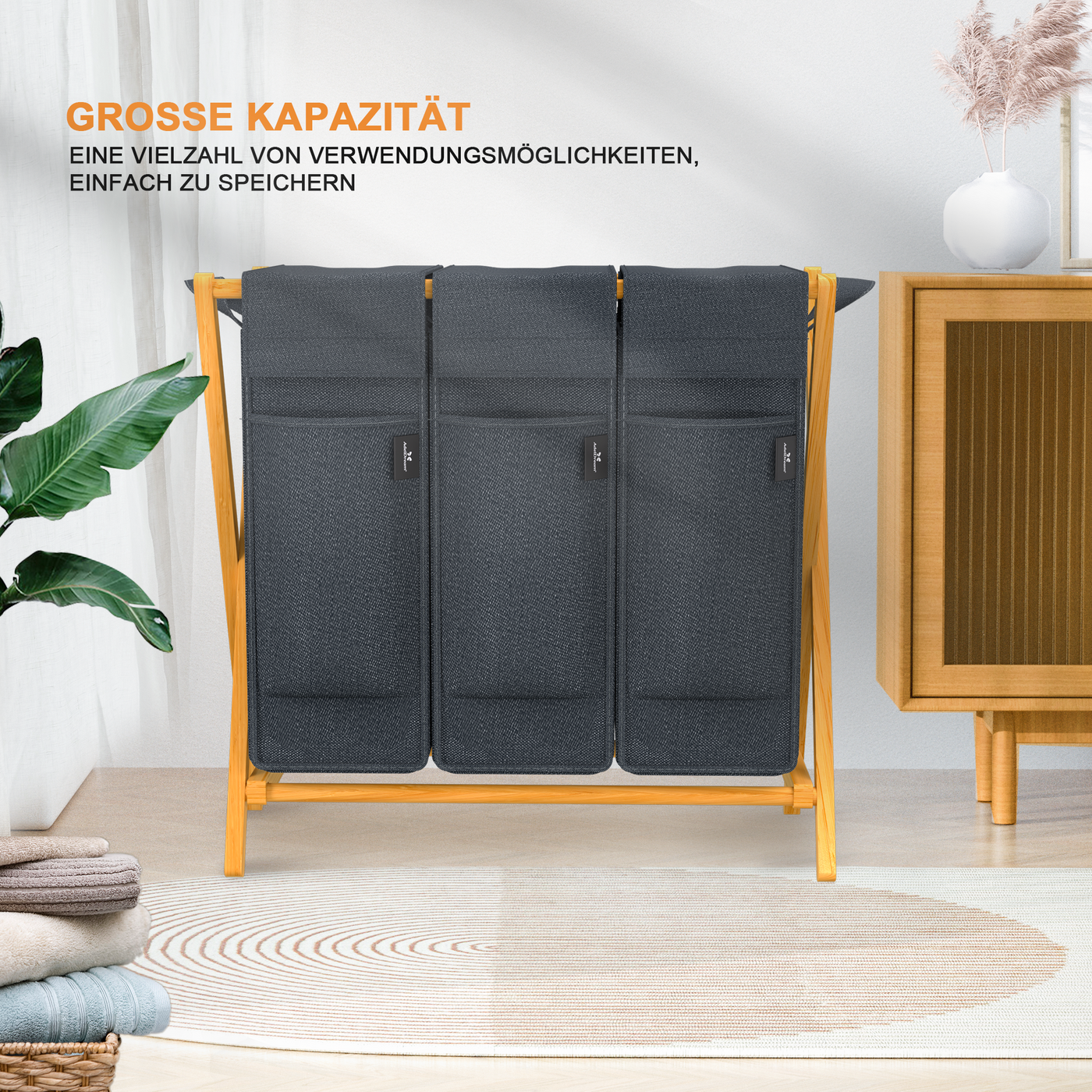 AdelDream Wäschekorb 2 Fächer,100 L Bambus laundry baskets X-förmige Bambusregale