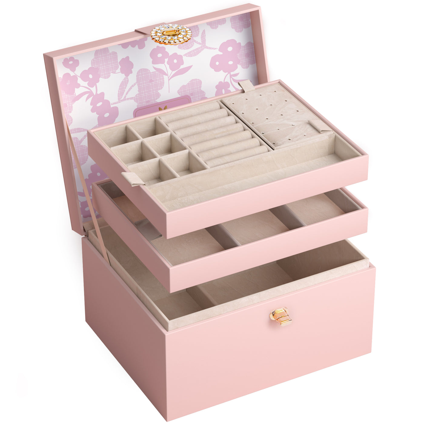 AdelDream Schmuckkästchen, Schmuckkasten mit 3 Ebenen, Schmuckbox mit Knöpfen, Schmuckaufbewahrung, viel Stauraum, modern, Geschenkbox-Verpackung für Ihre Liebsten