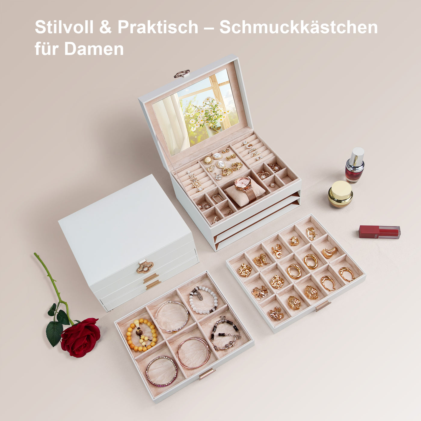 ADEL DREAM 3-stöckige Schmuckkästchen mit Kleeblatt-Knopf Schmuckaufbewahrung mit ausziehbarem Tablett Schmuck Organizer mit großem Spiegel,DIY verstellbare Fächer