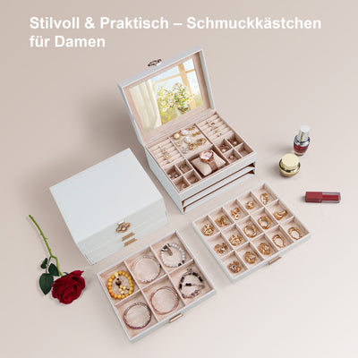ADEL DREAM 3-stöckige Schmuckkästchen mit Kleeblatt-Knopf Schmuckaufbewahrung mit ausziehbarem Tablett Schmuck Organizer mit großem Spiegel,DIY verstellbare Fächer
