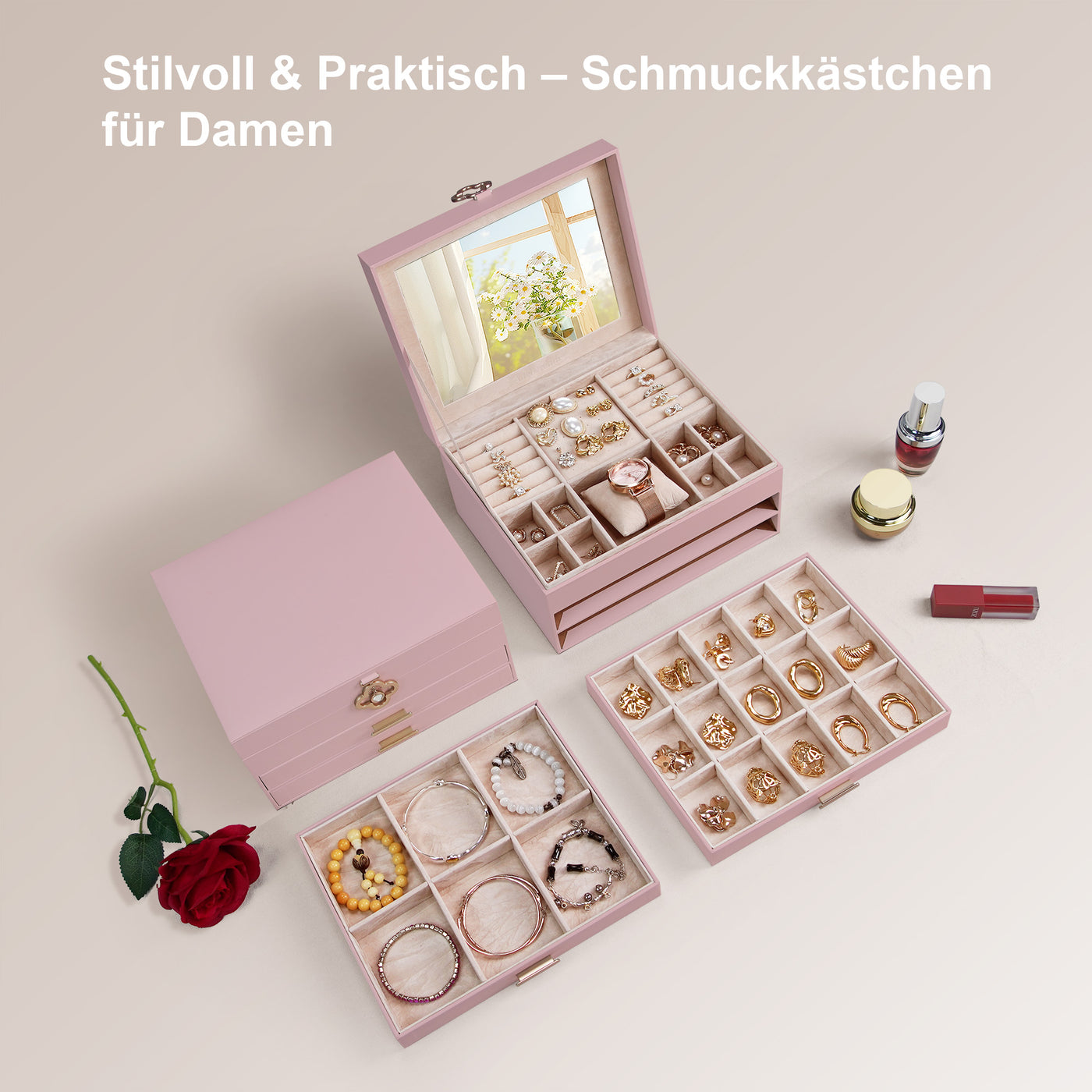 ADEL DREAM 3-stöckige Schmuckkästchen mit Kleeblatt-Knopf Schmuckaufbewahrung mit ausziehbarem Tablett Schmuck Organizer mit großem Spiegel,DIY verstellbare Fächer