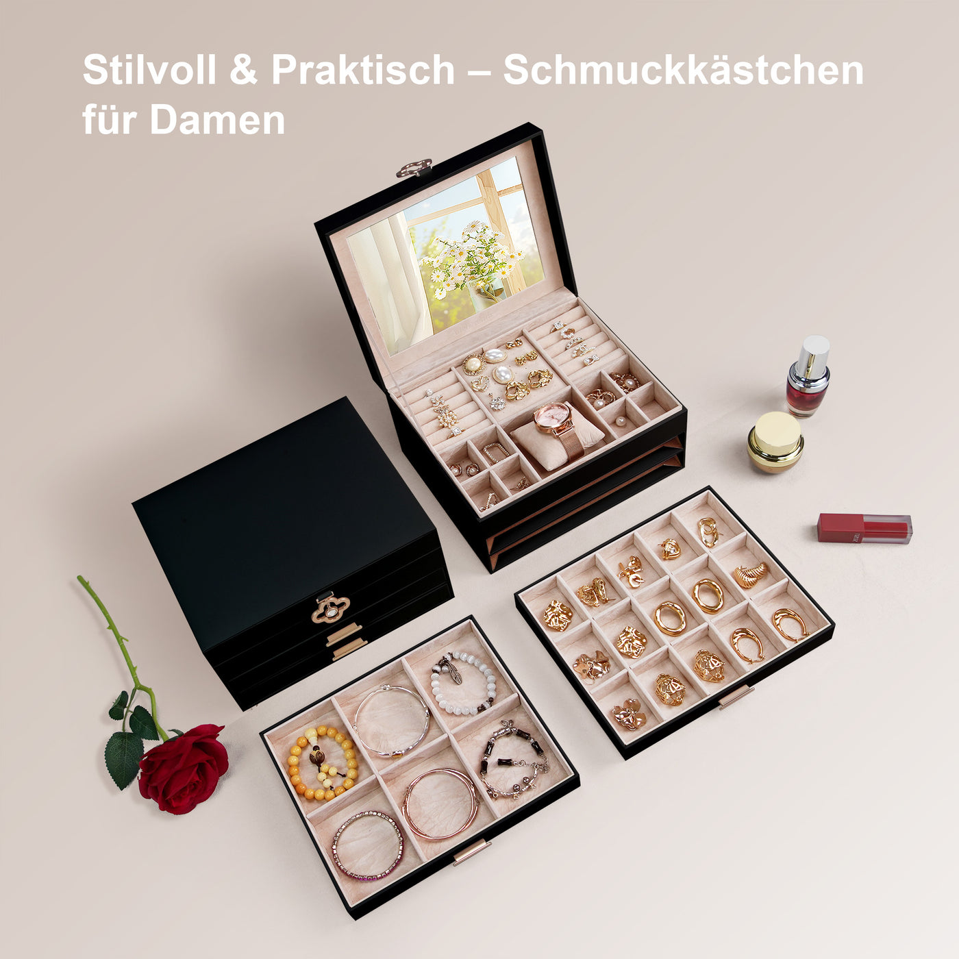 ADEL DREAM 3-stöckige Schmuckkästchen mit Kleeblatt-Knopf Schmuckaufbewahrung mit ausziehbarem Tablett Schmuck Organizer mit großem Spiegel,DIY verstellbare Fächer