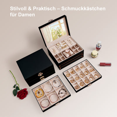 ADEL DREAM 3-stöckige Schmuckkästchen mit Kleeblatt-Knopf Schmuckaufbewahrung mit ausziehbarem Tablett Schmuck Organizer mit großem Spiegel,DIY verstellbare Fächer