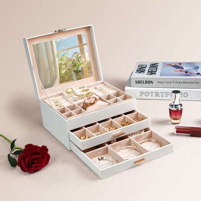 ADEL DREAM 3-stöckige Schmuckkästchen mit Kleeblatt-Knopf Schmuckaufbewahrung mit ausziehbarem Tablett Schmuck Organizer mit großem Spiegel,DIY verstellbare Fächer