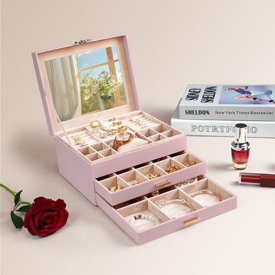 ADEL DREAM 3-stöckige Schmuckkästchen mit Kleeblatt-Knopf Schmuckaufbewahrung mit ausziehbarem Tablett Schmuck Organizer mit großem Spiegel,DIY verstellbare Fächer