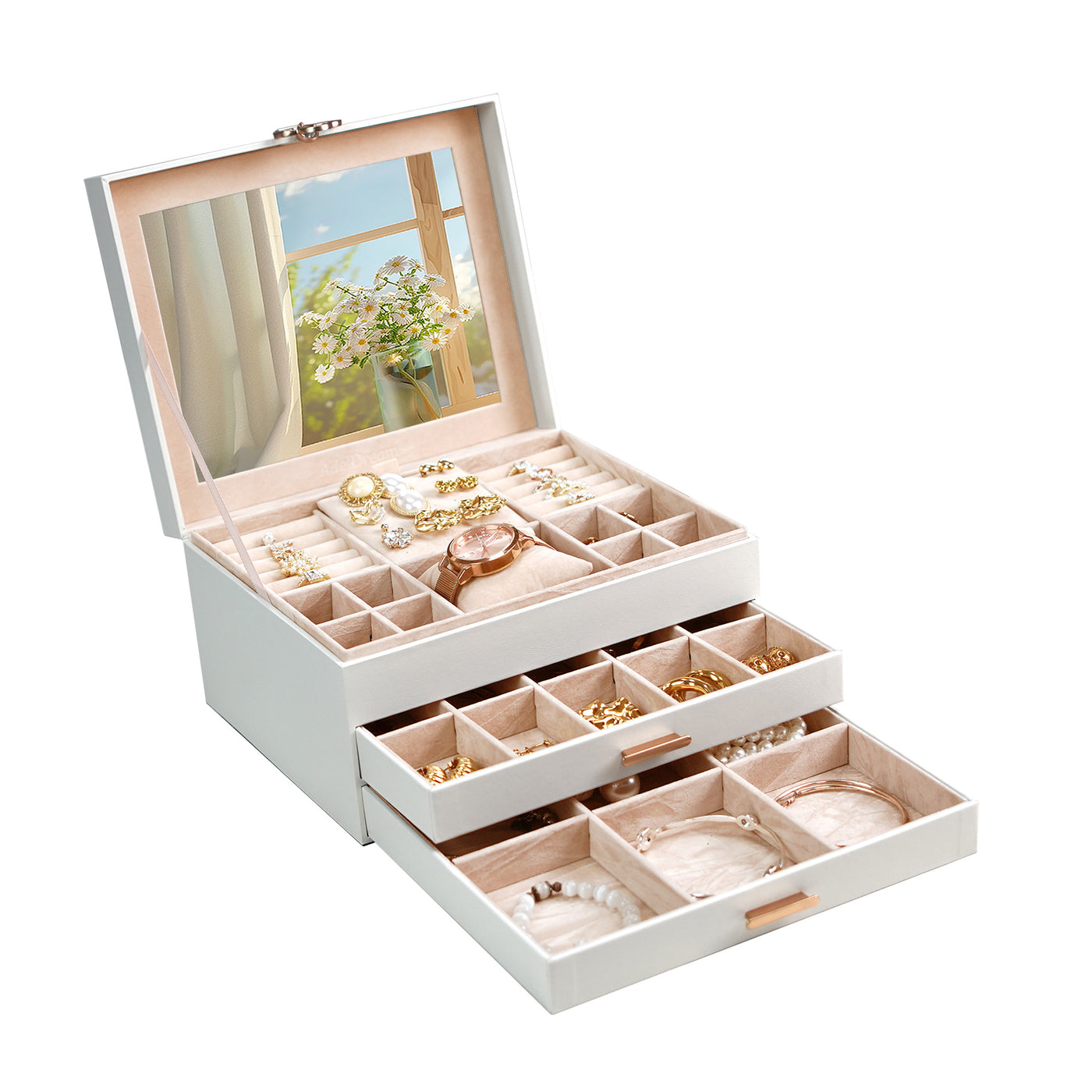 ADEL DREAM 3-stöckige Schmuckkästchen mit Kleeblatt-Knopf Schmuckaufbewahrung mit ausziehbarem Tablett Schmuck Organizer mit großem Spiegel,DIY verstellbare Fächer