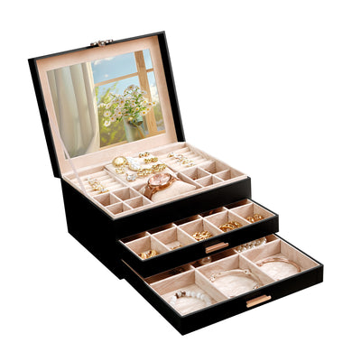 ADEL DREAM 3-stöckige Schmuckkästchen mit Kleeblatt-Knopf Schmuckaufbewahrung mit ausziehbarem Tablett Schmuck Organizer mit großem Spiegel,DIY verstellbare Fächer