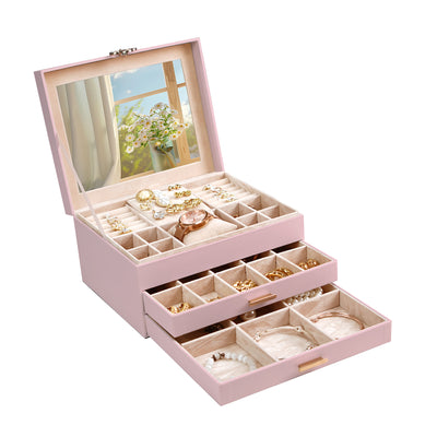ADEL DREAM 3-stöckige Schmuckkästchen mit Kleeblatt-Knopf Schmuckaufbewahrung mit ausziehbarem Tablett Schmuck Organizer mit großem Spiegel,DIY verstellbare Fächer