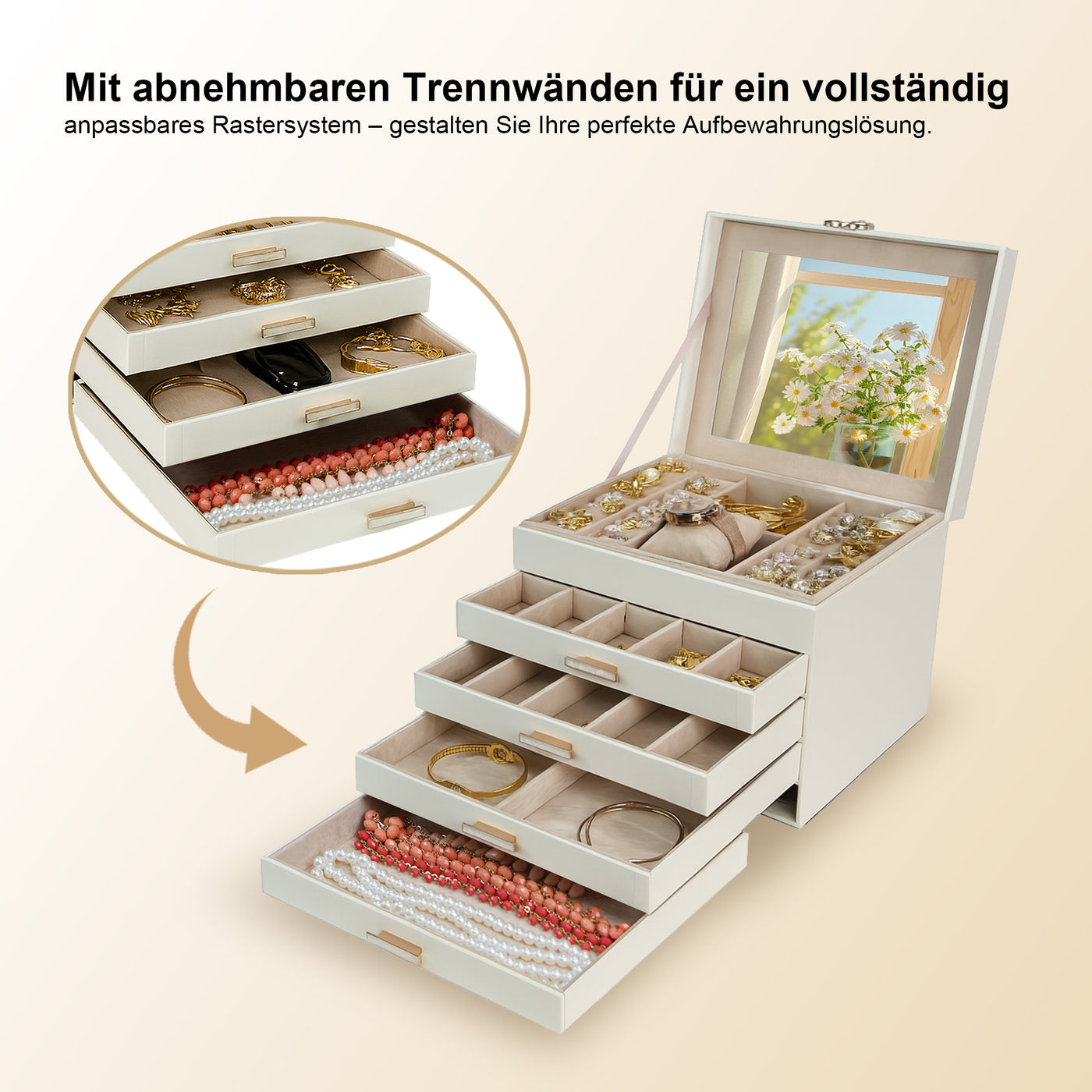 AdelDream 5-stöckige Schmuckkästchen mit Kleeblatt-Knopf Schmuckaufbewahrung mit ausziehbarem Tablett Schmuck Organizer mit großem Spiegel,DIY verstellbare Fächer