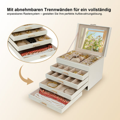 AdelDream 5-stöckige Schmuckkästchen mit Kleeblatt-Knopf Schmuckaufbewahrung mit ausziehbarem Tablett Schmuck Organizer mit großem Spiegel,DIY verstellbare Fächer