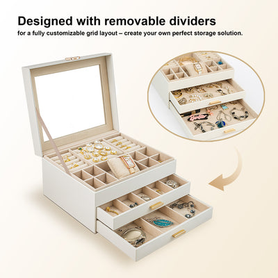ADEL DREAM 3-stöckige Schmuckkästchen mit Kleeblatt-Knopf Schmuckaufbewahrung mit ausziehbarem Tablett Schmuck Organizer mit großem Spiegel,DIY verstellbare Fächer
