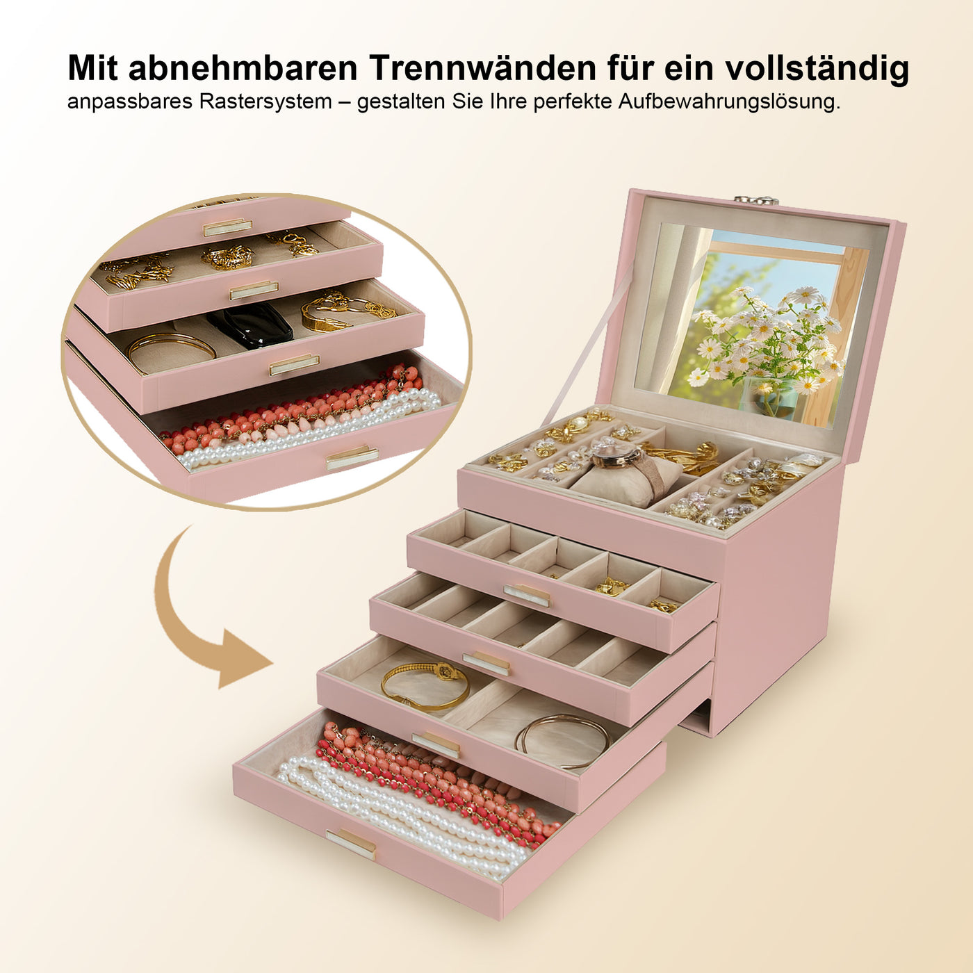 AdelDream 5-stöckige Schmuckkästchen mit Kleeblatt-Knopf Schmuckaufbewahrung mit ausziehbarem Tablett Schmuck Organizer mit großem Spiegel,DIY verstellbare Fächer