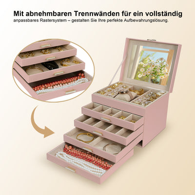 AdelDream 5-stöckige Schmuckkästchen mit Kleeblatt-Knopf Schmuckaufbewahrung mit ausziehbarem Tablett Schmuck Organizer mit großem Spiegel,DIY verstellbare Fächer