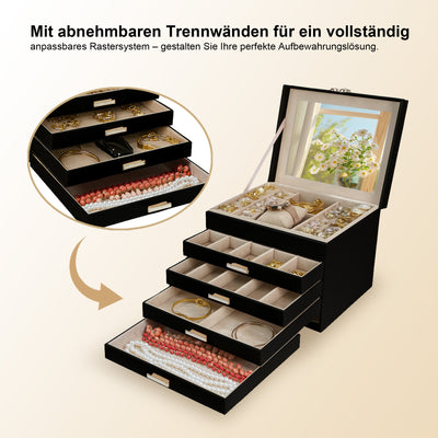 AdelDream 5-stöckige Schmuckkästchen mit Kleeblatt-Knopf Schmuckaufbewahrung mit ausziehbarem Tablett Schmuck Organizer mit großem Spiegel,DIY verstellbare Fächer