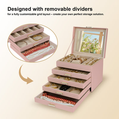 AdelDream 5-stöckige Schmuckkästchen mit Kleeblatt-Knopf Schmuckaufbewahrung mit ausziehbarem Tablett Schmuck Organizer mit großem Spiegel,DIY verstellbare Fächer