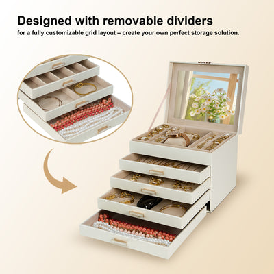 AdelDream 5-stöckige Schmuckkästchen mit Kleeblatt-Knopf Schmuckaufbewahrung mit ausziehbarem Tablett Schmuck Organizer mit großem Spiegel,DIY verstellbare Fächer