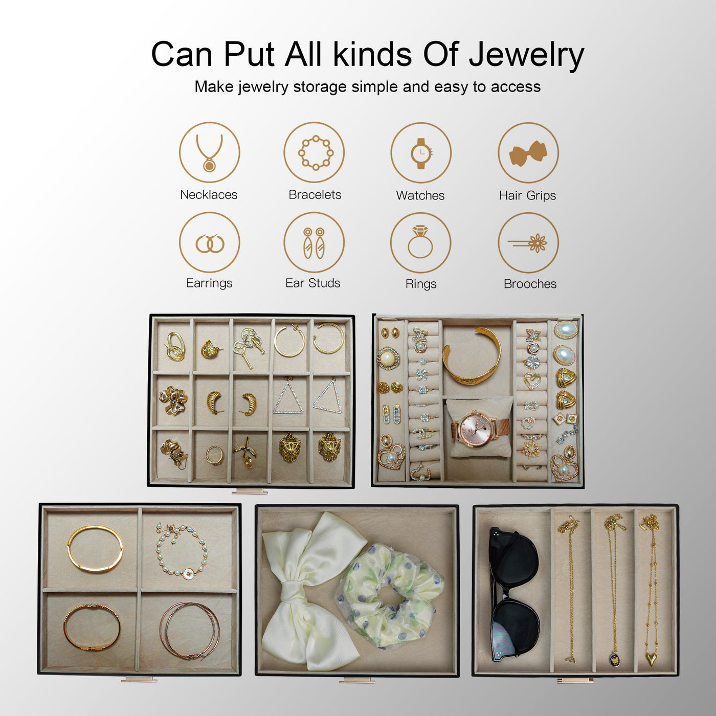 AdelDream 5-stöckige Schmuckkästchen mit Kleeblatt-Knopf Schmuckaufbewahrung mit ausziehbarem Tablett Schmuck Organizer mit großem Spiegel,DIY verstellbare Fächer