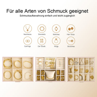 ADEL DREAM 3-stöckige Schmuckkästchen mit Kleeblatt-Knopf Schmuckaufbewahrung mit ausziehbarem Tablett Schmuck Organizer mit großem Spiegel,DIY verstellbare Fächer