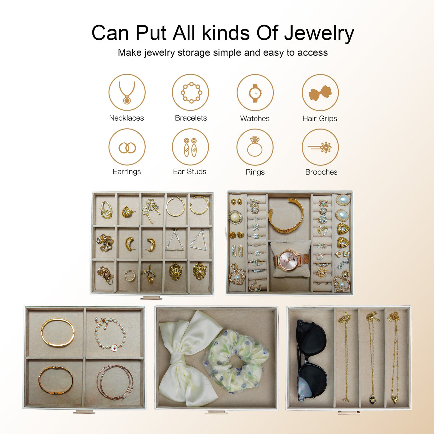 AdelDream 5-stöckige Schmuckkästchen mit Kleeblatt-Knopf Schmuckaufbewahrung mit ausziehbarem Tablett Schmuck Organizer mit großem Spiegel,DIY verstellbare Fächer