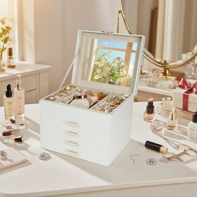 AdelDream 5-stöckige Schmuckkästchen mit Kleeblatt-Knopf Schmuckaufbewahrung mit ausziehbarem Tablett Schmuck Organizer mit großem Spiegel,DIY verstellbare Fächer