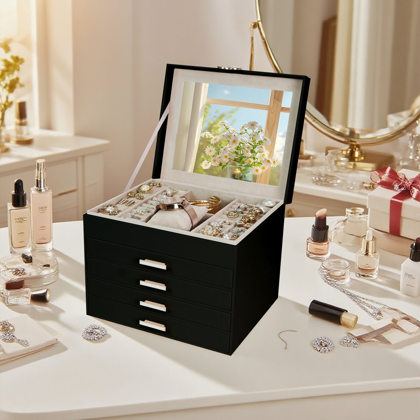 AdelDream 5-stöckige Schmuckkästchen mit Kleeblatt-Knopf Schmuckaufbewahrung mit ausziehbarem Tablett Schmuck Organizer mit großem Spiegel,DIY verstellbare Fächer