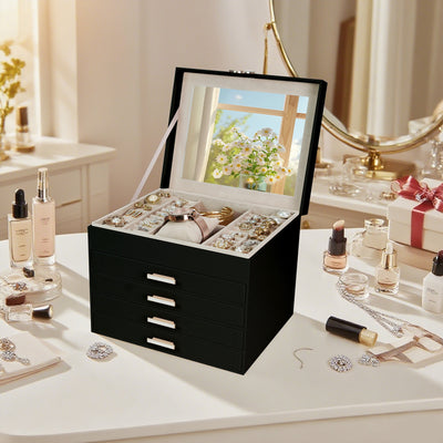 AdelDream 5-stöckige Schmuckkästchen mit Kleeblatt-Knopf Schmuckaufbewahrung mit ausziehbarem Tablett Schmuck Organizer mit großem Spiegel,DIY verstellbare Fächer