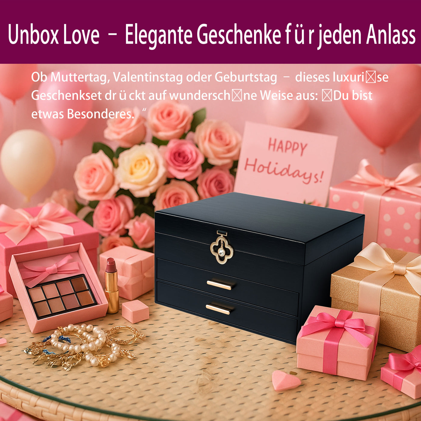 ADEL DREAM 3-stöckige Schmuckkästchen mit Kleeblatt-Knopf Schmuckaufbewahrung mit ausziehbarem Tablett Schmuck Organizer mit großem Spiegel,DIY verstellbare Fächer