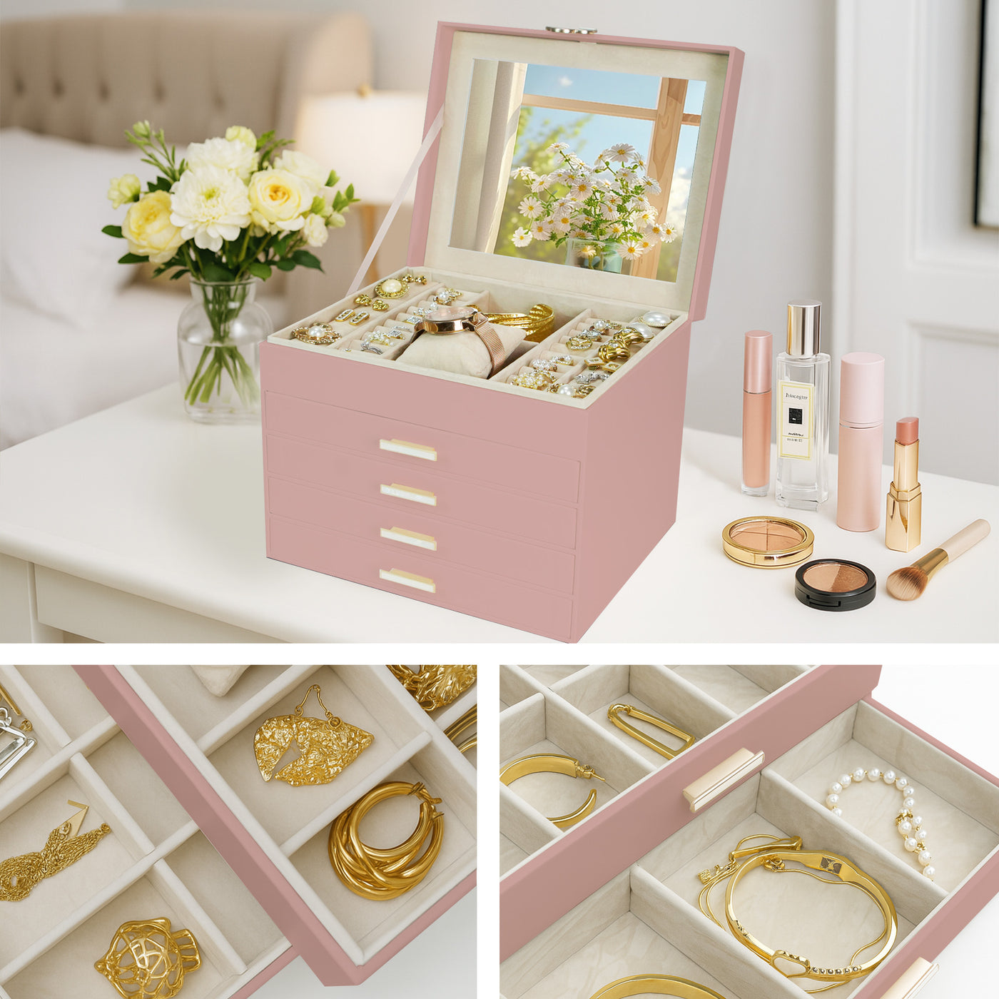AdelDream 5-stöckige Schmuckkästchen mit Kleeblatt-Knopf Schmuckaufbewahrung mit ausziehbarem Tablett Schmuck Organizer mit großem Spiegel,DIY verstellbare Fächer