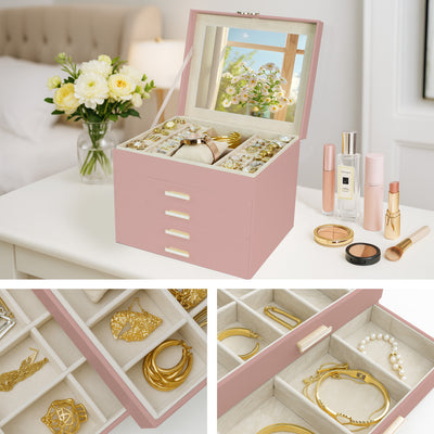 AdelDream 5-stöckige Schmuckkästchen mit Kleeblatt-Knopf Schmuckaufbewahrung mit ausziehbarem Tablett Schmuck Organizer mit großem Spiegel,DIY verstellbare Fächer