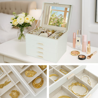 AdelDream 5-stöckige Schmuckkästchen mit Kleeblatt-Knopf Schmuckaufbewahrung mit ausziehbarem Tablett Schmuck Organizer mit großem Spiegel,DIY verstellbare Fächer