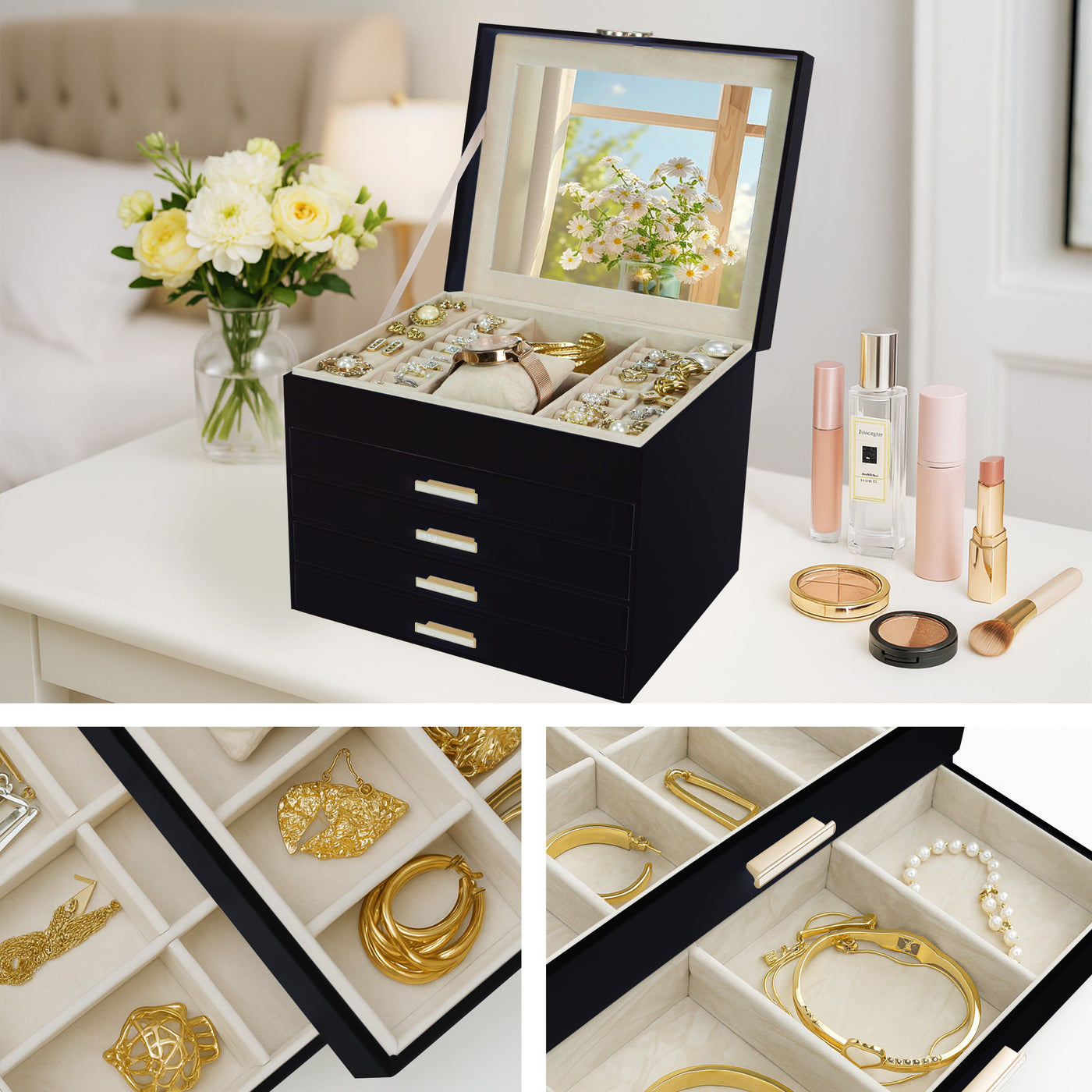 AdelDream 5-stöckige Schmuckkästchen mit Kleeblatt-Knopf Schmuckaufbewahrung mit ausziehbarem Tablett Schmuck Organizer mit großem Spiegel,DIY verstellbare Fächer