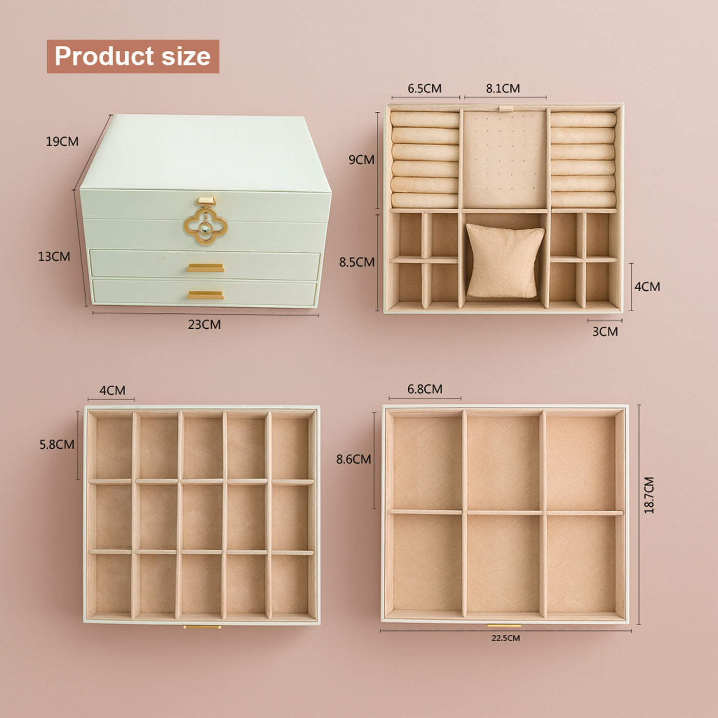 ADEL DREAM 3-stöckige Schmuckkästchen mit Kleeblatt-Knopf Schmuckaufbewahrung mit ausziehbarem Tablett Schmuck Organizer mit großem Spiegel,DIY verstellbare Fächer