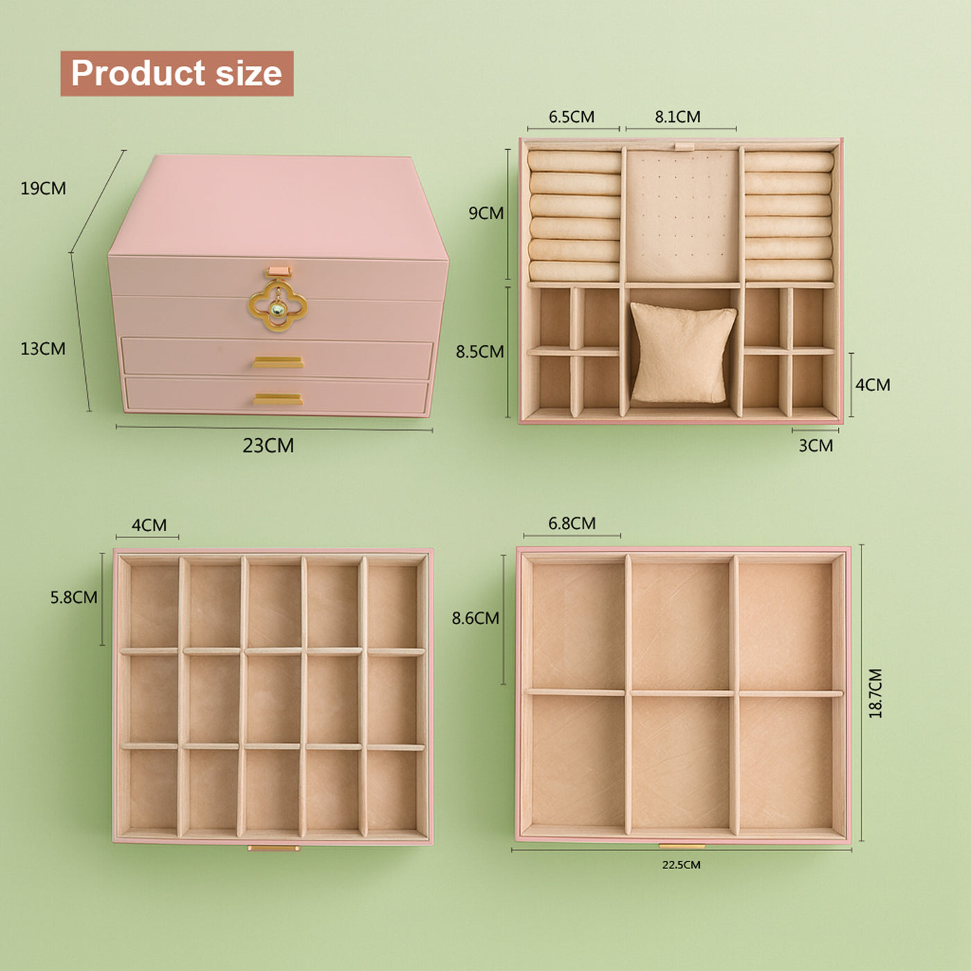 ADEL DREAM 3-stöckige Schmuckkästchen mit Kleeblatt-Knopf Schmuckaufbewahrung mit ausziehbarem Tablett Schmuck Organizer mit großem Spiegel,DIY verstellbare Fächer