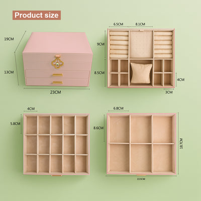 ADEL DREAM 3-stöckige Schmuckkästchen mit Kleeblatt-Knopf Schmuckaufbewahrung mit ausziehbarem Tablett Schmuck Organizer mit großem Spiegel,DIY verstellbare Fächer