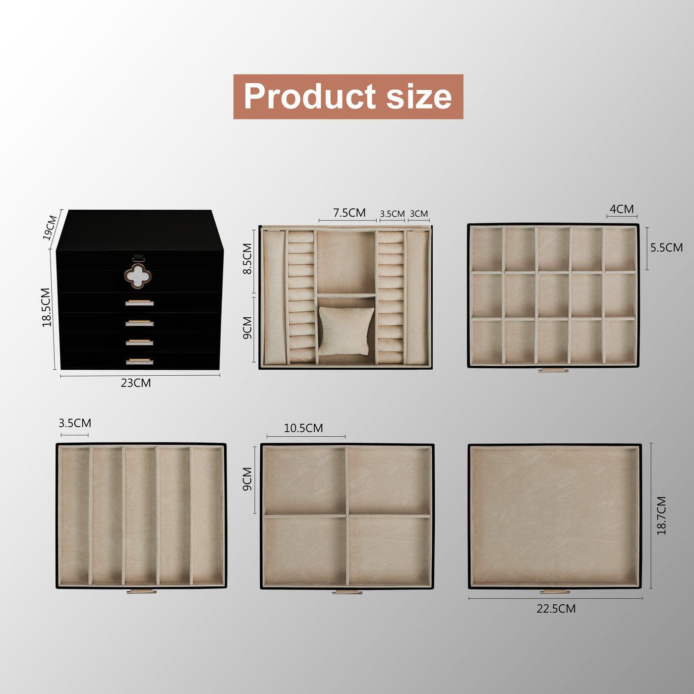 AdelDream 5-stöckige Schmuckkästchen mit Kleeblatt-Knopf Schmuckaufbewahrung mit ausziehbarem Tablett Schmuck Organizer mit großem Spiegel,DIY verstellbare Fächer