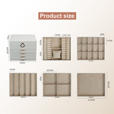 AdelDream 5-stöckige Schmuckkästchen mit Kleeblatt-Knopf Schmuckaufbewahrung mit ausziehbarem Tablett Schmuck Organizer mit großem Spiegel,DIY verstellbare Fächer