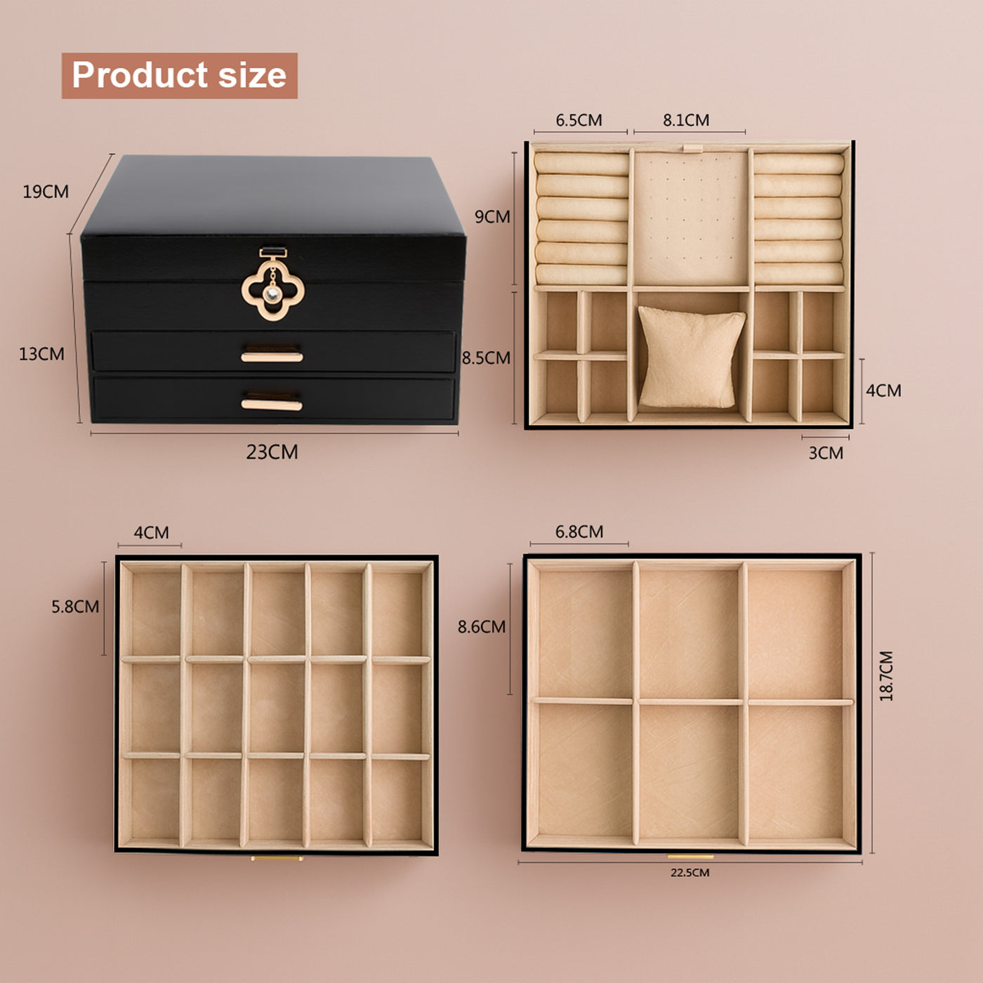 ADEL DREAM 3-stöckige Schmuckkästchen mit Kleeblatt-Knopf Schmuckaufbewahrung mit ausziehbarem Tablett Schmuck Organizer mit großem Spiegel,DIY verstellbare Fächer