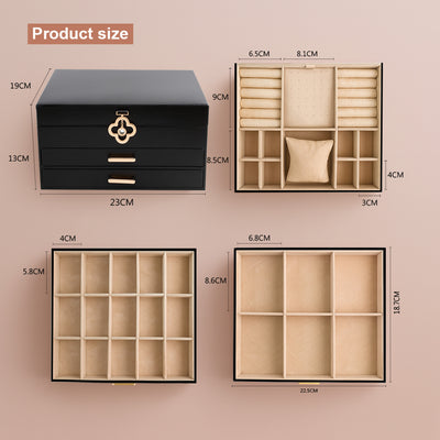 ADEL DREAM 3-stöckige Schmuckkästchen mit Kleeblatt-Knopf Schmuckaufbewahrung mit ausziehbarem Tablett Schmuck Organizer mit großem Spiegel,DIY verstellbare Fächer