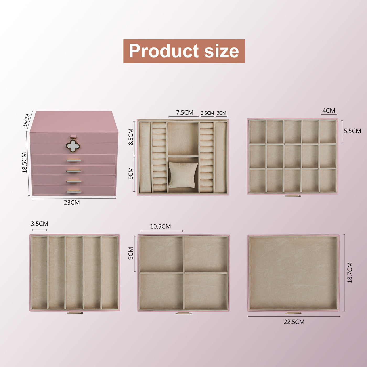 AdelDream 5-stöckige Schmuckkästchen mit Kleeblatt-Knopf Schmuckaufbewahrung mit ausziehbarem Tablett Schmuck Organizer mit großem Spiegel,DIY verstellbare Fächer
