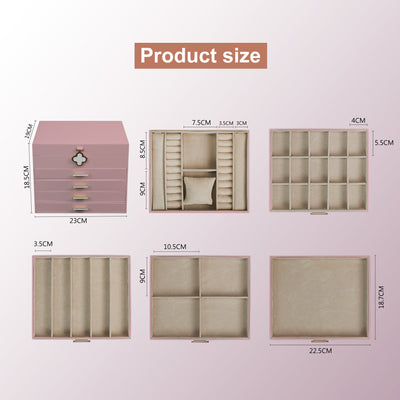 AdelDream 5-stöckige Schmuckkästchen mit Kleeblatt-Knopf Schmuckaufbewahrung mit ausziehbarem Tablett Schmuck Organizer mit großem Spiegel,DIY verstellbare Fächer