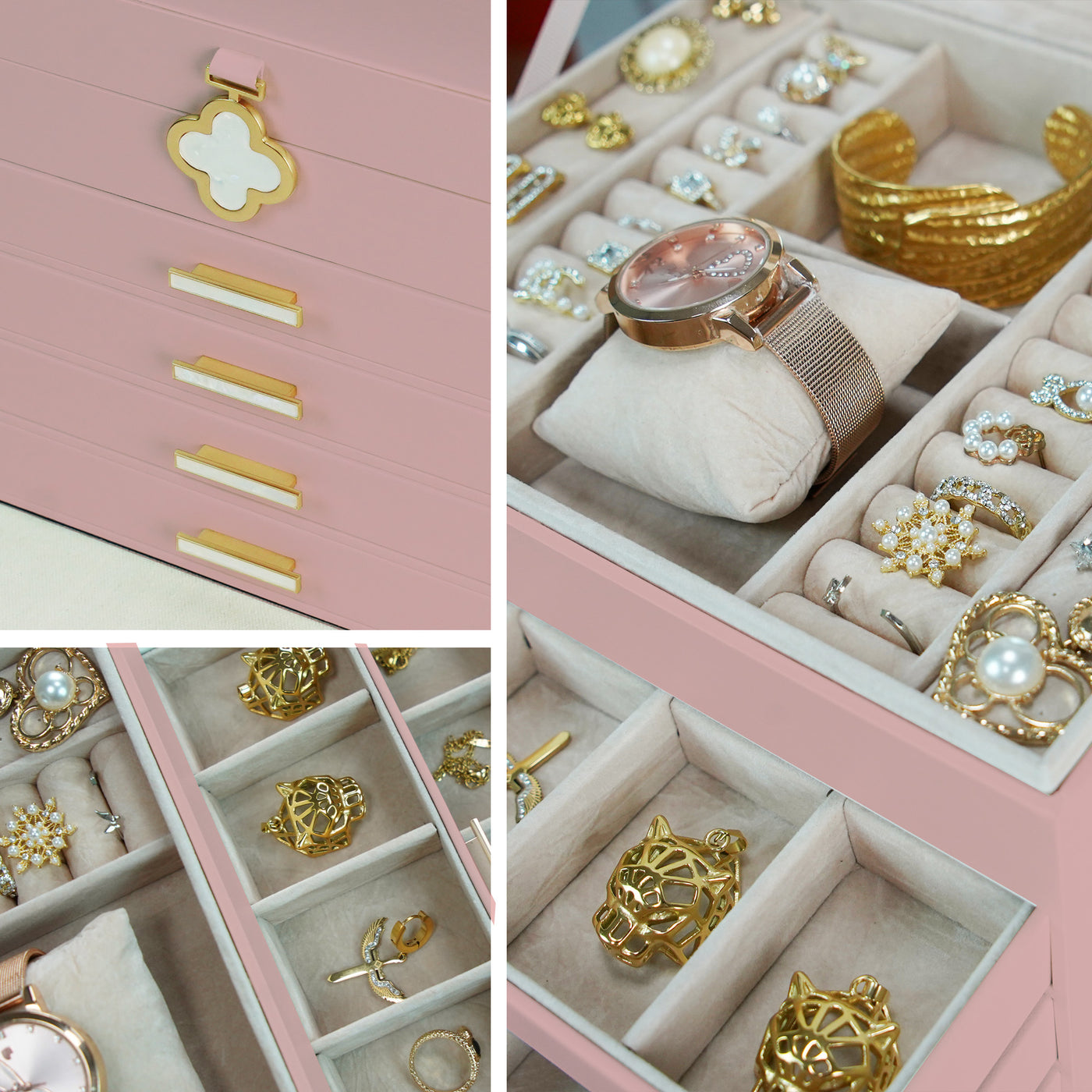 AdelDream 5-stöckige Schmuckkästchen mit Kleeblatt-Knopf Schmuckaufbewahrung mit ausziehbarem Tablett Schmuck Organizer mit großem Spiegel,DIY verstellbare Fächer