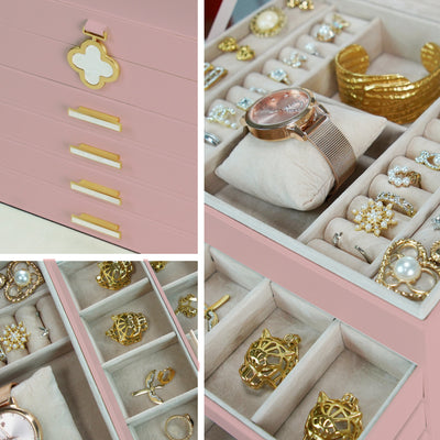 AdelDream 5-stöckige Schmuckkästchen mit Kleeblatt-Knopf Schmuckaufbewahrung mit ausziehbarem Tablett Schmuck Organizer mit großem Spiegel,DIY verstellbare Fächer