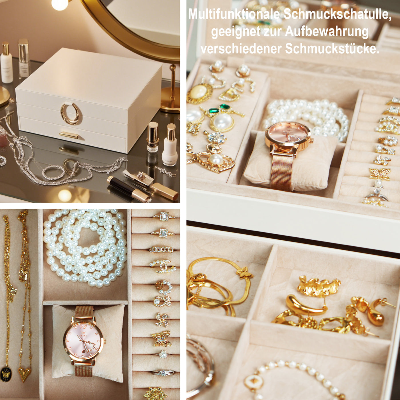AdelDream 2-stöckig Schmuckkästchen Schmuckaufbewahrung mit ausziehbarem Tablett Schmuck Organizer mit großem Spiegel mit DIY-Struktur