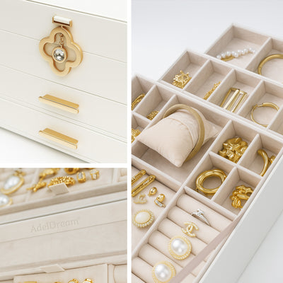 ADEL DREAM 3-stöckige Schmuckkästchen mit Kleeblatt-Knopf Schmuckaufbewahrung mit ausziehbarem Tablett Schmuck Organizer mit großem Spiegel,DIY verstellbare Fächer